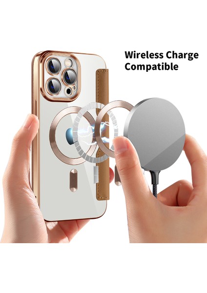 Iphone 13 Pro 6.1 Inç Rhombus Deri Kasa Için Magsafe Rfıd Engelleme Kart Tutucu Kapağı Lens Film-Pembe ile Uyumlu (Yurt Dışından)