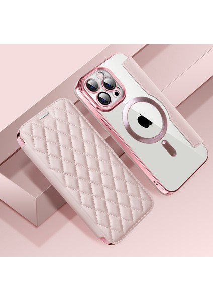 Iphone 13 Pro 6.1 Inç Rhombus Deri Kasa Için Magsafe Rfıd Engelleme Kart Tutucu Kapağı Lens Film-Pembe ile Uyumlu (Yurt Dışından)