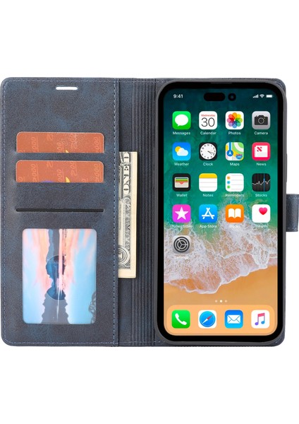 Iphone 15 Pro Max Pu Deri Cüzdan Telefon Kılıfı Yatay Hat Stand Koruyucu Telefon Kapak Mavisi (Yurt Dışından)