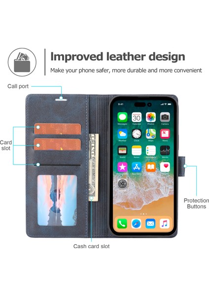 Iphone 15 Pro Max Pu Deri Cüzdan Telefon Kılıfı Yatay Hat Stand Koruyucu Telefon Kapak Mavisi (Yurt Dışından)