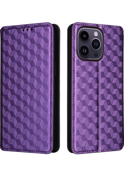Iphone 15 Plus Rhombus Için Baskılı Telefon Kılıf Anti Drop Pu Deri Deri Cüzdan Stand Kapak Morası (Yurt Dışından)