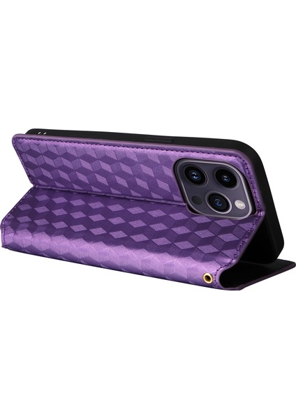 Iphone 15 Plus Rhombus Için Baskılı Telefon Kılıf Anti Drop Pu Deri Deri Cüzdan Stand Kapak Morası (Yurt Dışından)