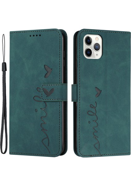 Iphone 15 Pro Max Tuş Deri Deri Şok Geçirmez Telefon Kapağı Kalp Baskı Cüzdan Stand Kılıf Yeşil (Yurt Dışından)