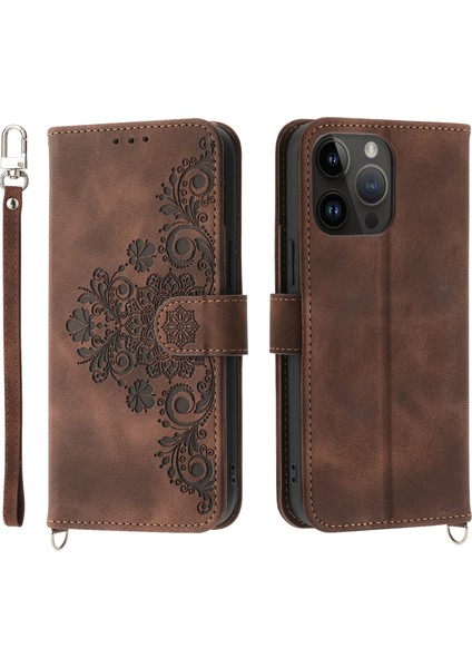 Iphone 15 Pro Max Pu Deri Flip Case Stand Stand Cüzdan Baskılı Çiçek Telefon Kapağı Bilek Kayışı+Omuz Kayış-Kahverengi (Yurt Dışından)