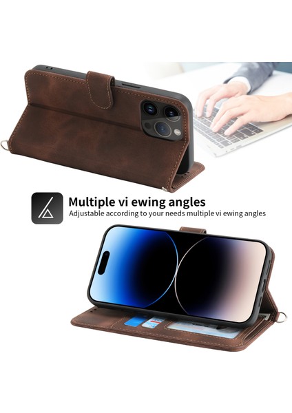 Iphone 15 Pro Max Pu Deri Flip Case Stand Stand Cüzdan Baskılı Çiçek Telefon Kapağı Bilek Kayışı+Omuz Kayış-Kahverengi (Yurt Dışından)