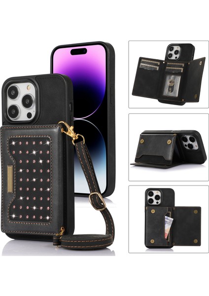 Iphone 15 Pro Rfıd Engelleme Kickstand Cover Pu Deri+Tpu Rhinestone Dekor Cüzdan Telefon Kılıfı Omuz Kayışı Black (Yurt Dışından)