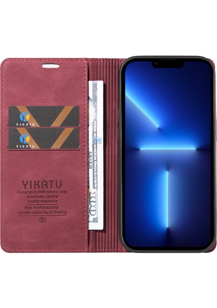 Iphone 13 Pro 6.1 Inç Tam Koruma Telefon Kılıfı Cilt Touch Deri Cüzdan Stand Kapak Kırmızısı (Yurt Dışından)