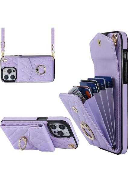 Iphone 13 Pro 6.1 Inç Için Rfıd Pu Deri Engelleme Pu Derisi+Tpu Telefon Kılıfı Birden Çok Kart Yuvaları Yüzük Kickstand Kapak-Mor (Yurt Dışından)