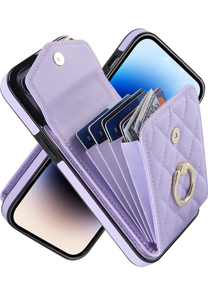Iphone 13 Pro 6.1 Inç Için Rfıd Pu Deri Engelleme Pu Derisi+Tpu Telefon Kılıfı Birden Çok Kart Yuvaları Yüzük Kickstand Kapak-Mor (Yurt Dışından)