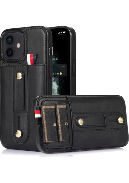 Iphone 11 Kasa Gizli Kart Tutucu Pu Derisi+Tpu Cep Telefonu Kapağı Parmak Kayışı Kickstand-Black (Yurt Dışından)