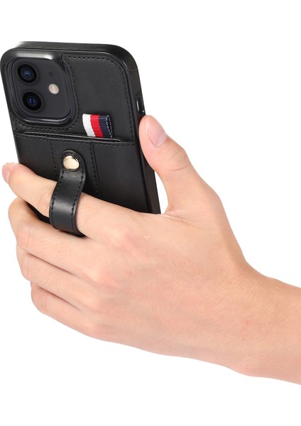 Iphone 11 Kasa Gizli Kart Tutucu Pu Derisi+Tpu Cep Telefonu Kapağı Parmak Kayışı Kickstand-Black (Yurt Dışından)