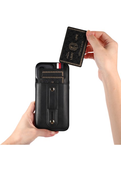 Iphone 11 Kasa Gizli Kart Tutucu Pu Derisi+Tpu Cep Telefonu Kapağı Parmak Kayışı Kickstand-Black (Yurt Dışından)