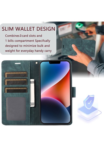 iPhone 14 Plus Içincüzdan Deri Kapağı Plus Telefon Kılıfı Orkide Kelebek Desen Yeşili (Yurt Dışından)