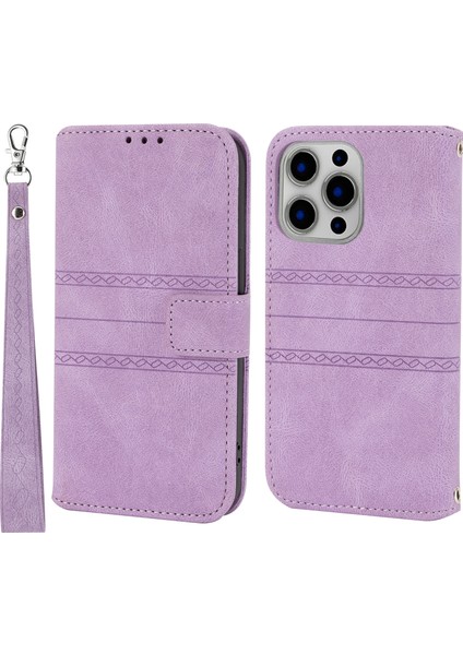 Iphone 15 Pro Kılıfı Için Strap-Light Mor ile Pu Deri Cüzdan Stand Telefon Kapağı (Yurt Dışından)