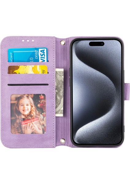 Iphone 15 Pro Kılıfı Için Strap-Light Mor ile Pu Deri Cüzdan Stand Telefon Kapağı (Yurt Dışından)