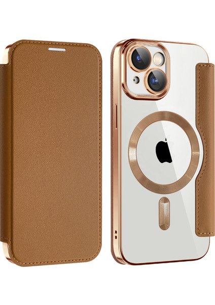 Iphone 15 Plus Deri Telefon Kılıfı Için Magsafe Rfıd Engelleme Kart Tutucu Elektrokapı Kapak Kahverengi ile Uyumlu (Yurt Dışından)