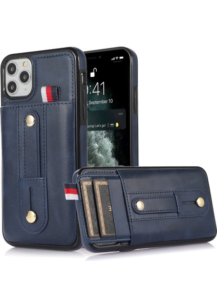 Iphone 11 Pro Max Case Pu Deri+Tpu Kart Tutucu Telefon Kapağı Retractable Kayış Kickstand-Mavi (Yurt Dışından)