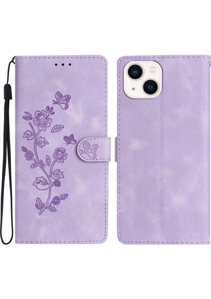 Iphone 15 Telefon Kasası Için Basılmış Çiçek Cüzdan Ön-Paraşütçü Pu Deri Manyetik Stand Kapak-Mor (Yurt Dışından)
