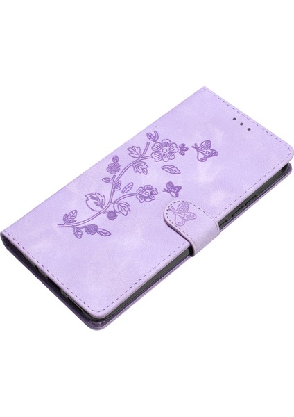 Iphone 15 Telefon Kasası Için Basılmış Çiçek Cüzdan Ön-Paraşütçü Pu Deri Manyetik Stand Kapak-Mor (Yurt Dışından)