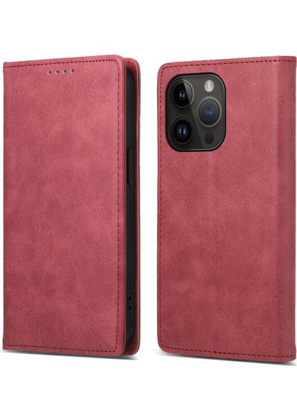 Iphone 15 Pro Max Pu Deri Akıllı Telefon Kılıfı Rfıd Engelleme Telefon Stand Kapağı Cüzdan-Kırmızı (Yurt Dışından)