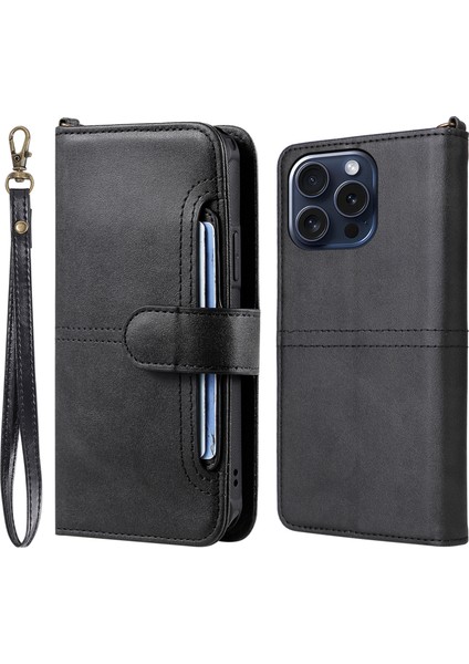 Iphone 15 Pro Kılıf 2'si 1 Arada Pu Deri Telefon Stand Cüzdan Kapağı Black (Yurt Dışından)
