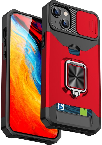 Iphone 15 Plus Cep Telefonu Kılıfı Pc+Tpu Slayt Lens Koruma Kart Tutucu Kırmızılı Şok Geçirmez Kapak (Yurt Dışından)