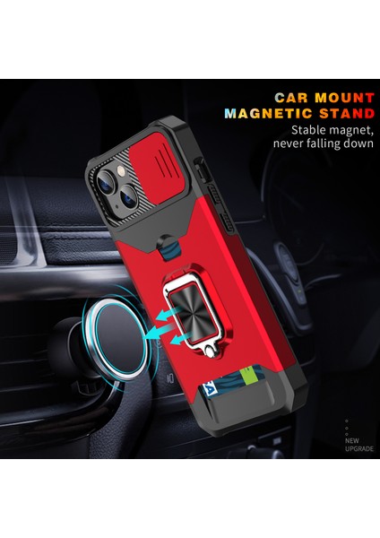 Iphone 15 Plus Cep Telefonu Kılıfı Pc+Tpu Slayt Lens Koruma Kart Tutucu Kırmızılı Şok Geçirmez Kapak (Yurt Dışından)