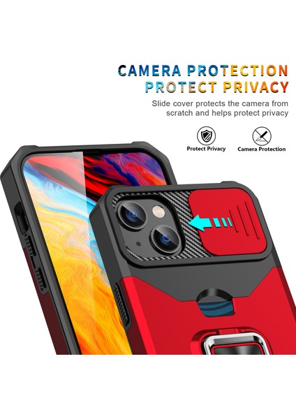 Iphone 15 Plus Cep Telefonu Kılıfı Pc+Tpu Slayt Lens Koruma Kart Tutucu Kırmızılı Şok Geçirmez Kapak (Yurt Dışından)