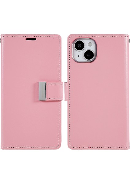 Iphone 15 Plus Cüzdan Deri Telefon Kılıfı Metal Manyetik Toka Telefon Kapak Pembe (Yurt Dışından)