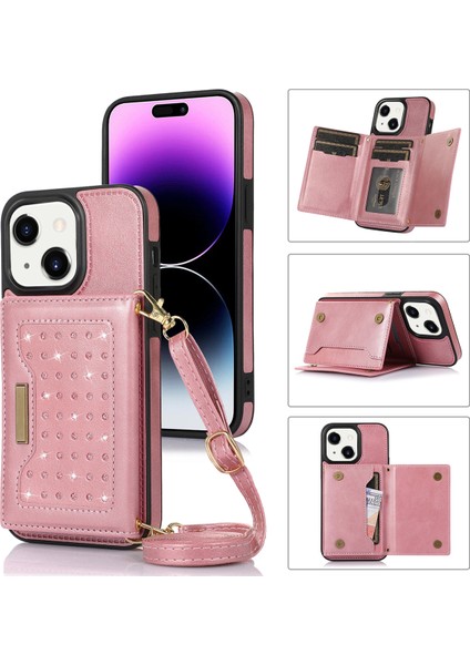 Iphone 15 Plus Cüzdan Rfıd Engelleyen Telefon Kılıfı Kickstand Pu Deri+Tpu Rhinestone Dekor Kapağı Omuz Kayışı Rose Altın (Yurt Dışından)