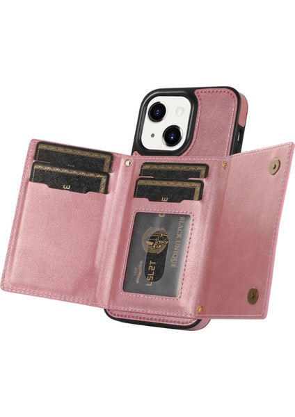 Iphone 15 Plus Cüzdan Rfıd Engelleyen Telefon Kılıfı Kickstand Pu Deri+Tpu Rhinestone Dekor Kapağı Omuz Kayışı Rose Altın (Yurt Dışından)