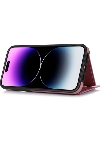 Iphone 15 Plus Cüzdan Rfıd Engelleyen Telefon Kılıfı Kickstand Pu Deri+Tpu Rhinestone Dekor Kapağı Omuz Kayışı Rose Altın (Yurt Dışından)