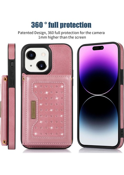 Iphone 15 Plus Cüzdan Rfıd Engelleyen Telefon Kılıfı Kickstand Pu Deri+Tpu Rhinestone Dekor Kapağı Omuz Kayışı Rose Altın (Yurt Dışından)