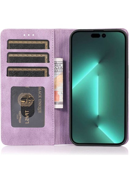 Iphone 15 Pro Pu Deri Şok Geçirmez Telefon Kasası Manyetik Flip Stant Cüzdan Kapak-Mor (Yurt Dışından)
