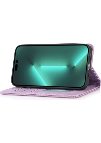 Iphone 15 Pro Pu Deri Şok Geçirmez Telefon Kasası Manyetik Flip Stant Cüzdan Kapak-Mor (Yurt Dışından)