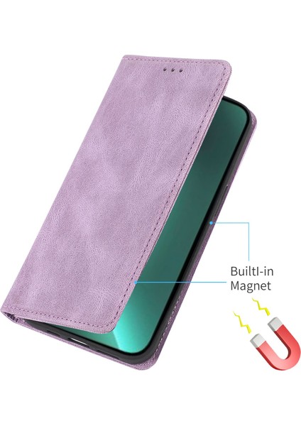 Iphone 15 Pro Pu Deri Şok Geçirmez Telefon Kasası Manyetik Flip Stant Cüzdan Kapak-Mor (Yurt Dışından)