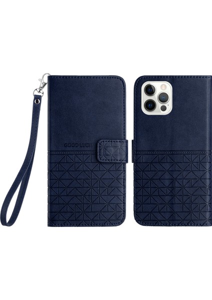 Iphone 15 Pro Geometrik Basılı Düz ​​renkli Mikrofiber Deri Telefon Kapak Mavisi Için Stand Cüzdan Kılıfı (Yurt Dışından)