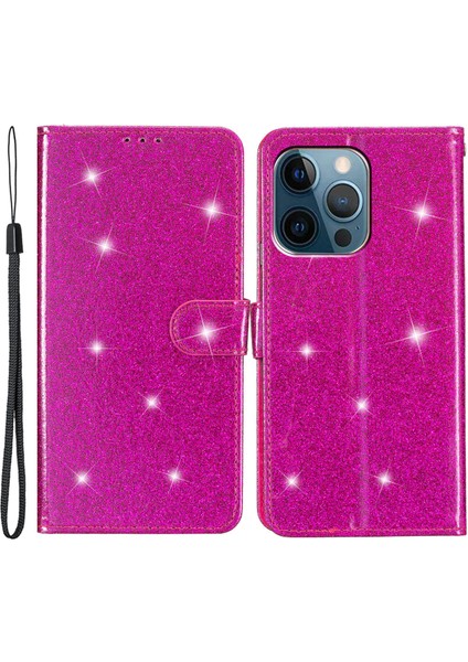 Iphone 15 Pro Glittery Telefon Deri Kılıf Anti-Drop Stand Cüzdan Telefon Kapağı Gül (Yurt Dışından)