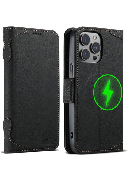 Iphone 15 Pro Case Için Litchi Doku Pu Deri Cüzdan Telefon Kabuğu Magsafe-Black ile Uyumlu (Yurt Dışından)