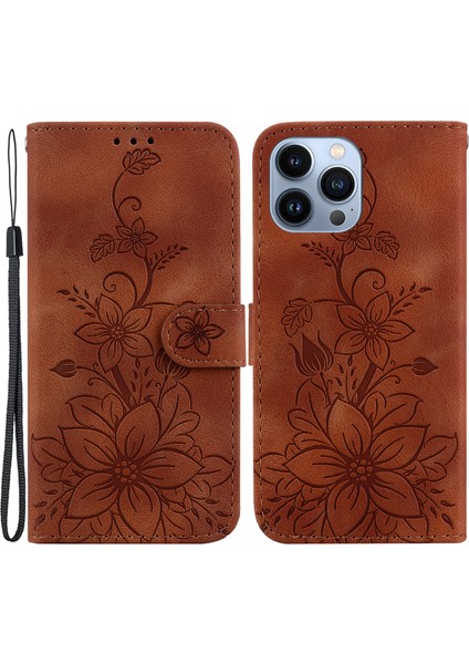 Iphone 15 Pro Için Baskılı Zambak Çiçek Kılıf Damla Dayanıklı Pu Deri Cüzdan Stand Kabuk-Kahverengi (Yurt Dışından)