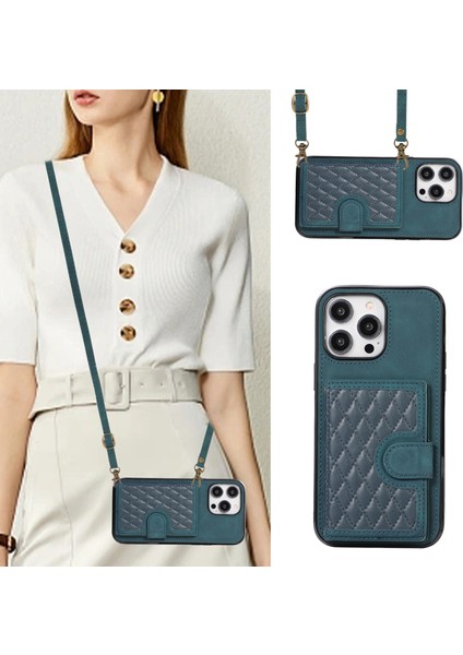 Iphone 15 Pro Pu Deri+Tpu Cüzdan Telefon Kılıf Kart Tutucu Kickstand Grid Omuz Askılı Yeşili ile Basılmış Arka Kapak (Yurt Dışından)