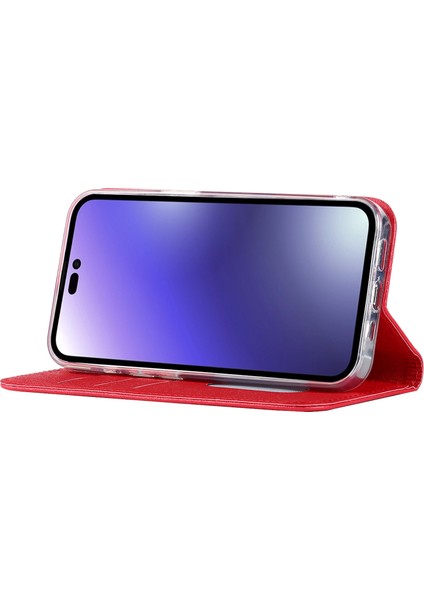 Iphone 15 Pro Için Ön Kara Çizelge Pu Deri Cüzdan Telefon Kılıfı Ipek Doku Stand Kapak Kırmızı (Yurt Dışından) modelleri