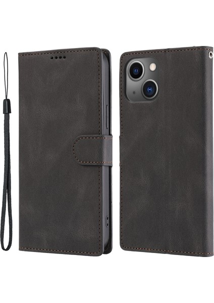 Iphone 15 Plus Slim-Fit Cep Telefon Kılıfı Manyetik Stand Cüzdan Pu Deri Telefon Kapağı Strap-Black (Yurt Dışından)