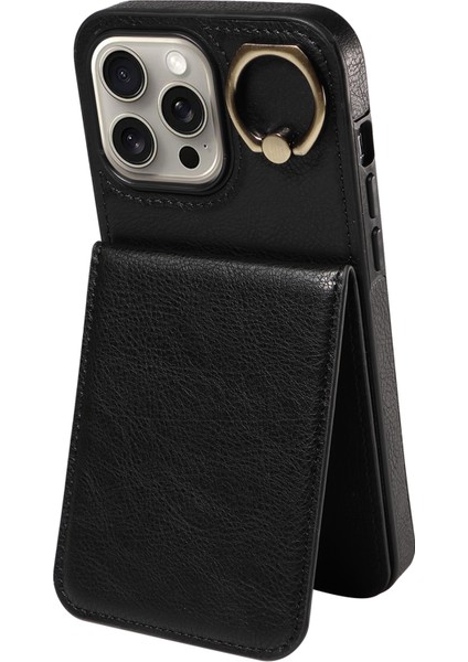 Iphone 15 Pro Max Case Litchi Doku Pu Deri+Tpu Telefon Kapağı Kart Yuvaları Black (Yurt Dışından)
