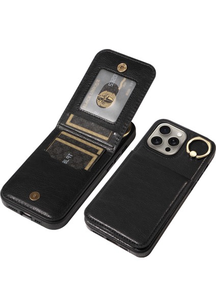 Iphone 15 Pro Max Case Litchi Doku Pu Deri+Tpu Telefon Kapağı Kart Yuvaları Black (Yurt Dışından)