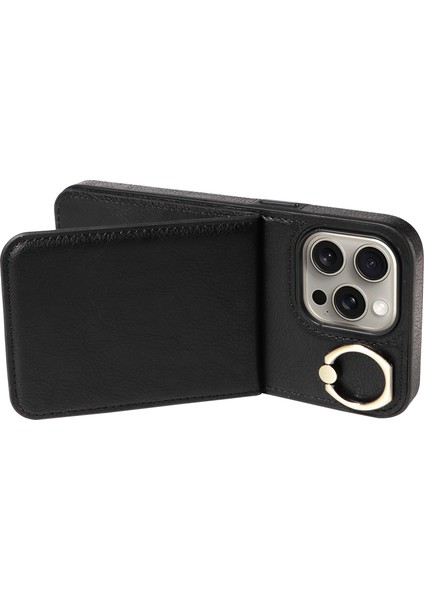 Iphone 15 Pro Max Case Litchi Doku Pu Deri+Tpu Telefon Kapağı Kart Yuvaları Black (Yurt Dışından)