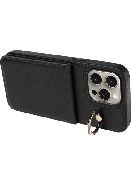 Iphone 15 Pro Max Case Litchi Doku Pu Deri+Tpu Telefon Kapağı Kart Yuvaları Black (Yurt Dışından)