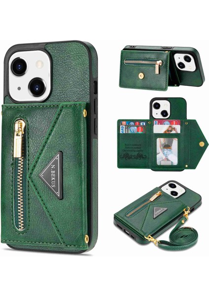 Iphone 15 Plus Için Telefon Kapağı Artı Fermuarlı Cep Cüzdanı Kickstand Pu Deri+Omuz Kayış Yeşili ile Tpu Kasa (Yurt Dışından)
