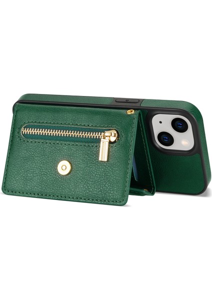Iphone 15 Plus Için Telefon Kapağı Artı Fermuarlı Cep Cüzdanı Kickstand Pu Deri+Omuz Kayış Yeşili ile Tpu Kasa (Yurt Dışından)