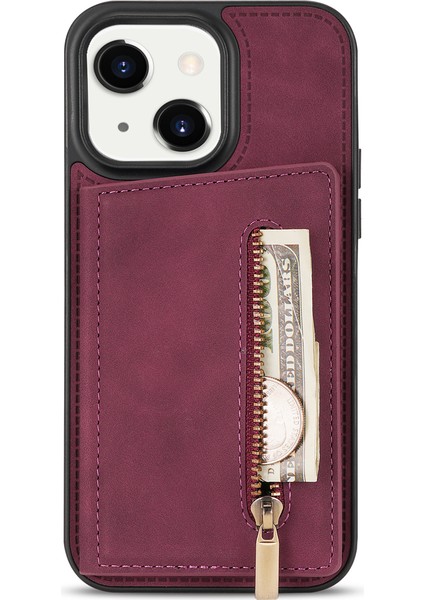 Iphone 15 Plus Fermuar Cep Deri Kaplamalı Tpu Telefon Kılıfı Cüzdan Telefon Kickstand Cover-Wine Kırmızı (Yurt Dışından)